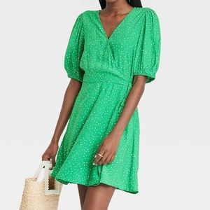 New Day Green Polka Dot Faux Wrap Mini Dress